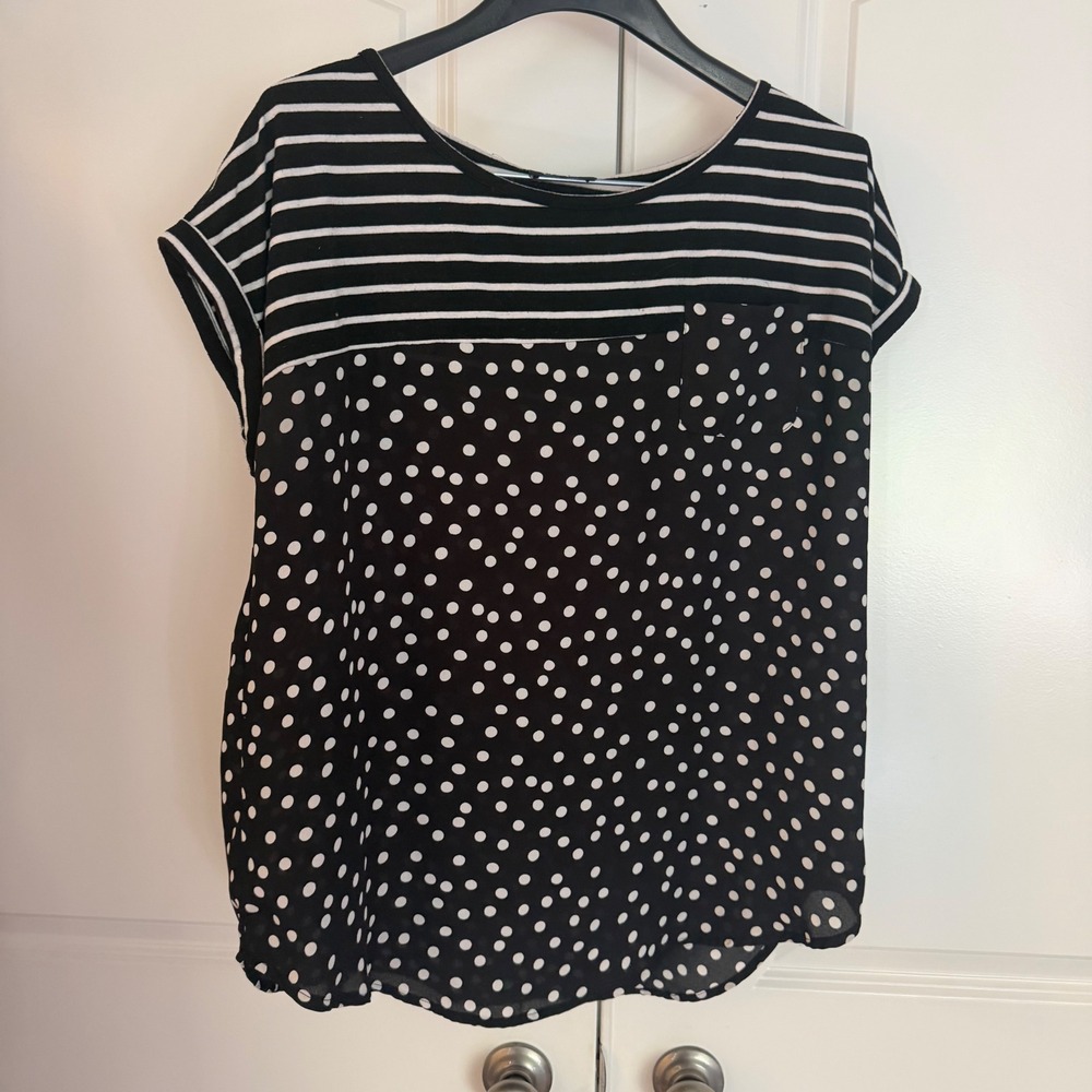 By & By Womens Black White Striped Polka Dot Mixed Print Top XL Pocket Chiffon